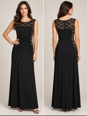En Focus Studio Black Lace Overlay Ruched Maxi Dress Size 8